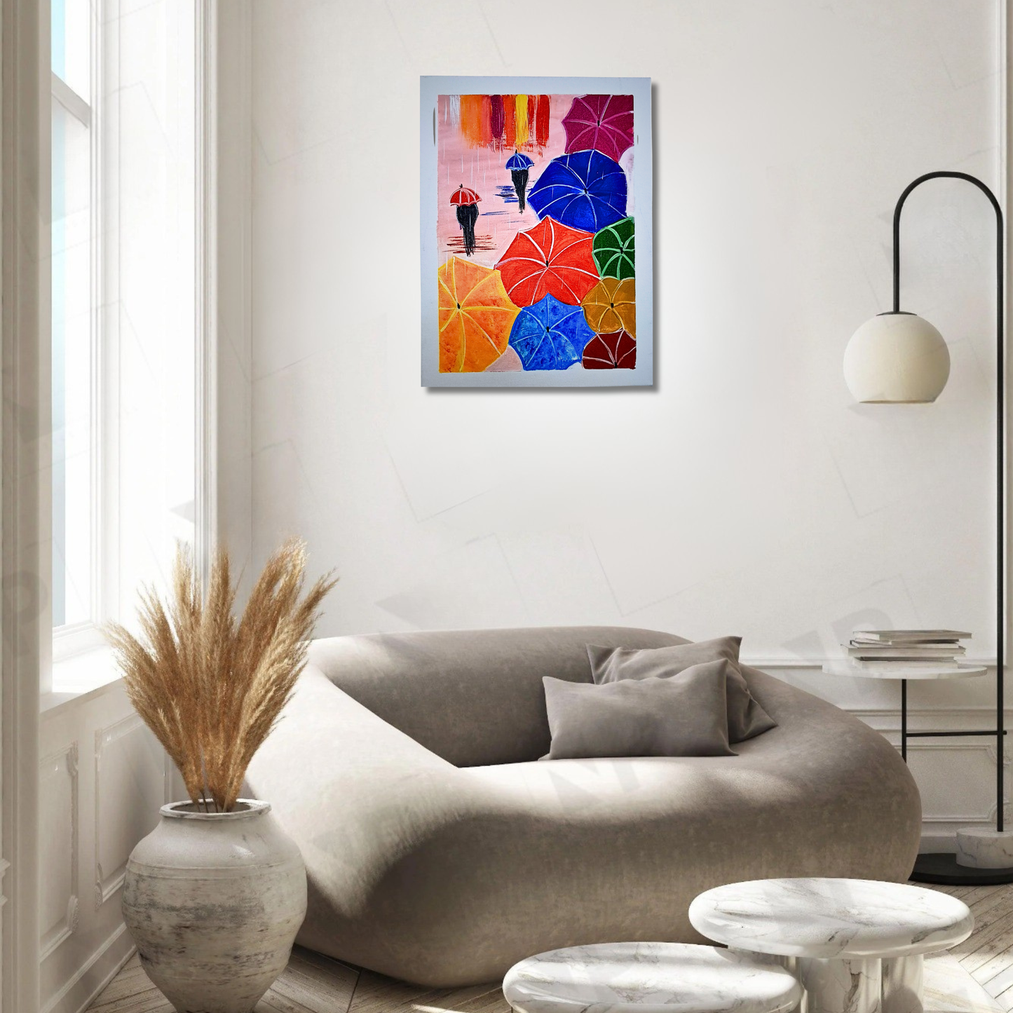Umbrella Stroll – Vibrant Hand Painted Acrylic Canvas Art